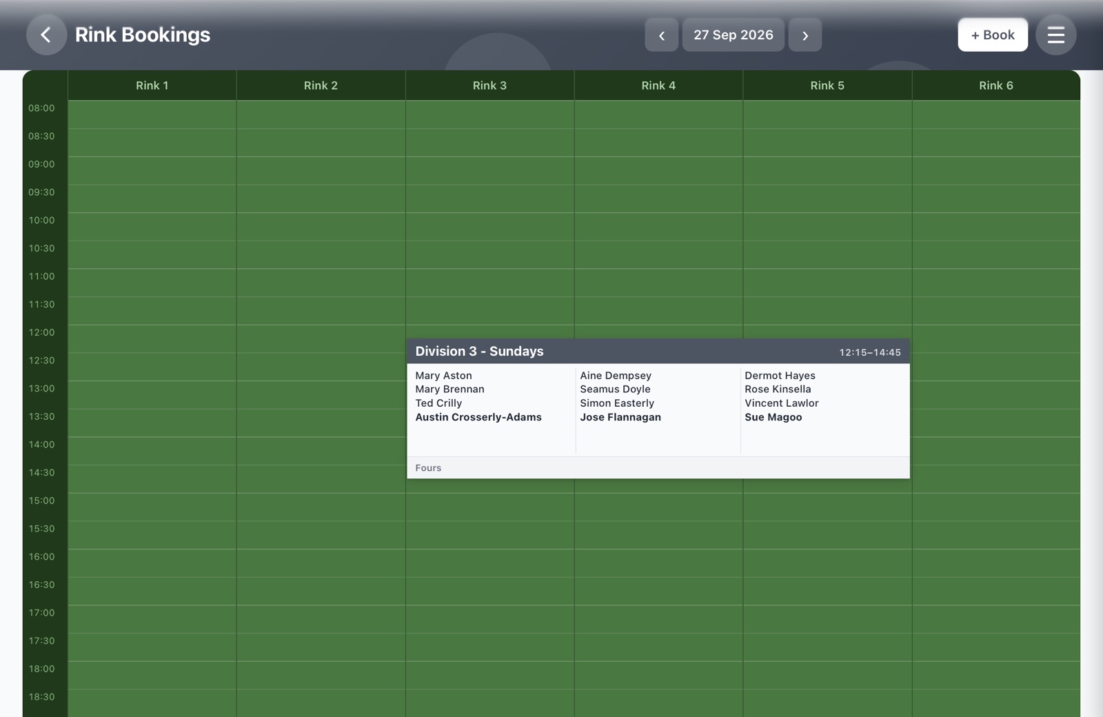RinkMaster rink bookings sheet showing a match day across rinks 3 to 5